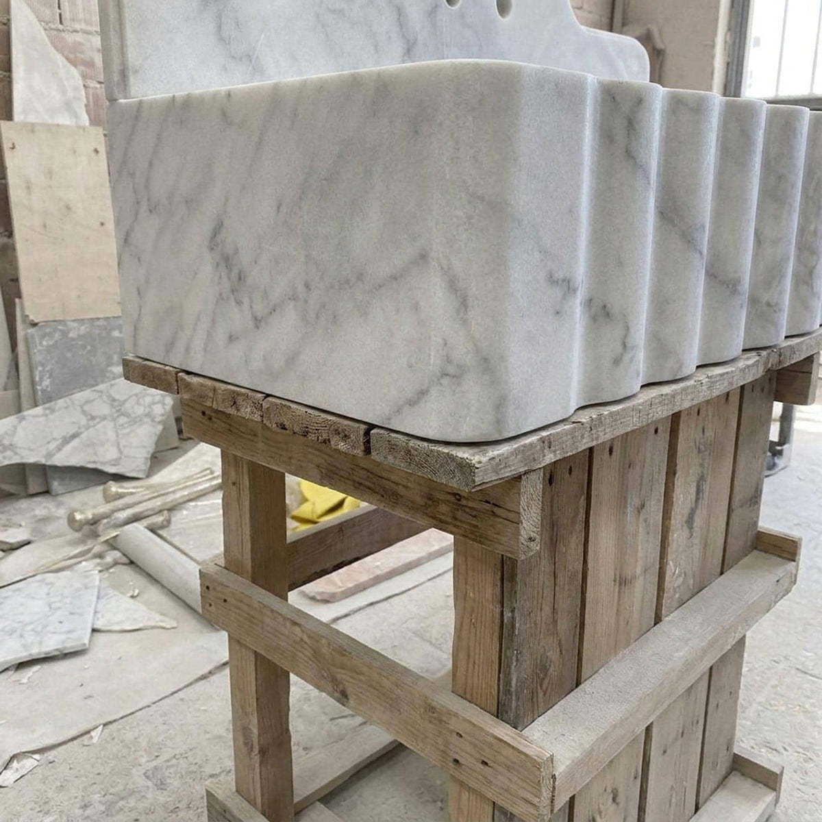 Custom Carrara Floating Marble Basin with Backsplash and Hand Carved Detail, Small Batch Artisan Production — view 5