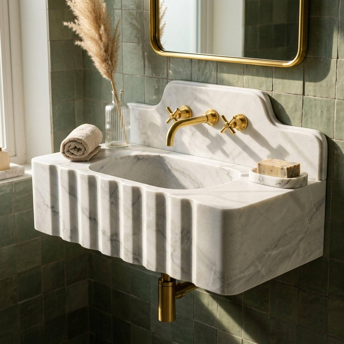 Custom Carrara Floating Marble Basin with Backsplash and Hand Carved Detail, Small Batch Artisan Production — view 1