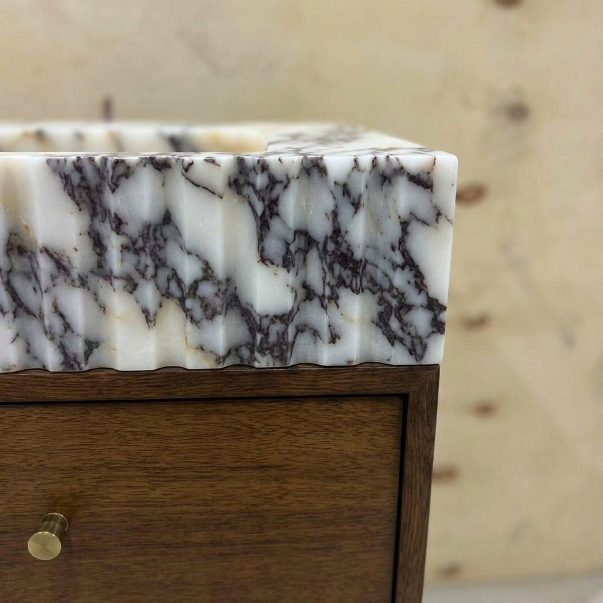Marble Pedestal Sink | Calacatta Viola Fluted Marble Vanity Basin with Wood Vanity and Hand Carved Detail, Small Batch Artisan Production — view 6