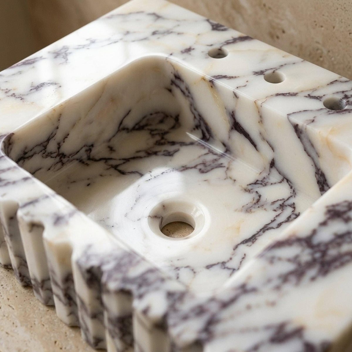 Marble Pedestal Sink | Calacatta Viola Fluted Marble Vanity Basin with Wood Vanity and Hand Carved Detail, Small Batch Artisan Production — view 19