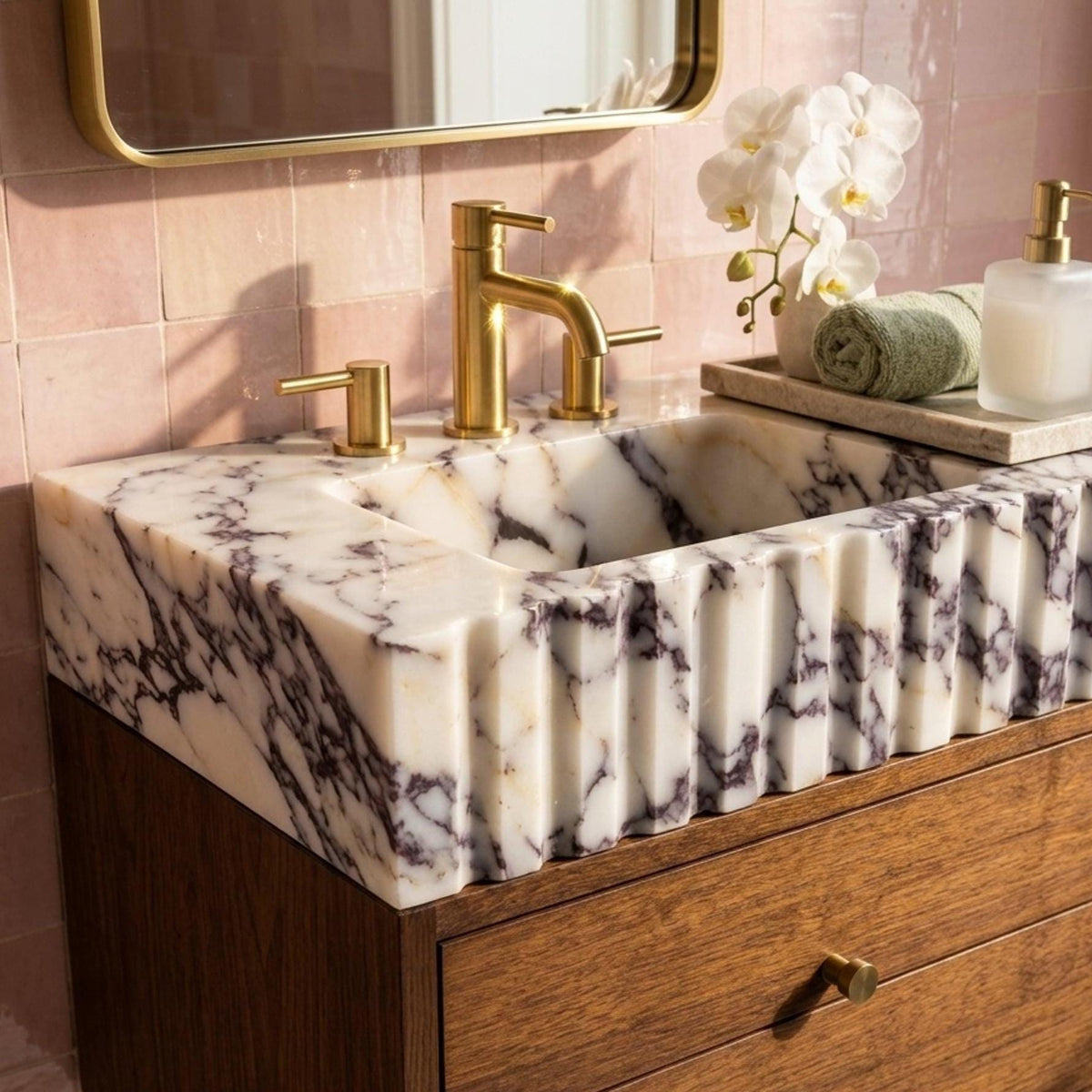 Marble Pedestal Sink | Calacatta Viola Fluted Marble Vanity Basin with Wood Vanity and Hand Carved Detail, Small Batch Artisan Production — view 1