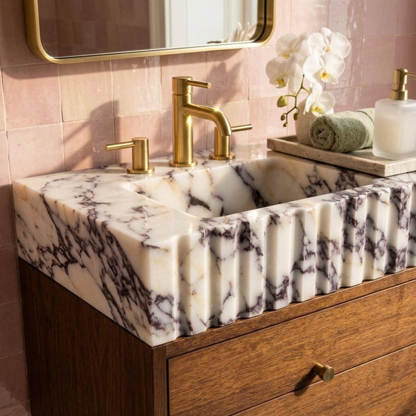 Marble Pedestal Sink | Calacatta Viola Fluted Marble Vanity Basin with Wood Vanity and Hand Carved Detail, Small Batch Artisan Production