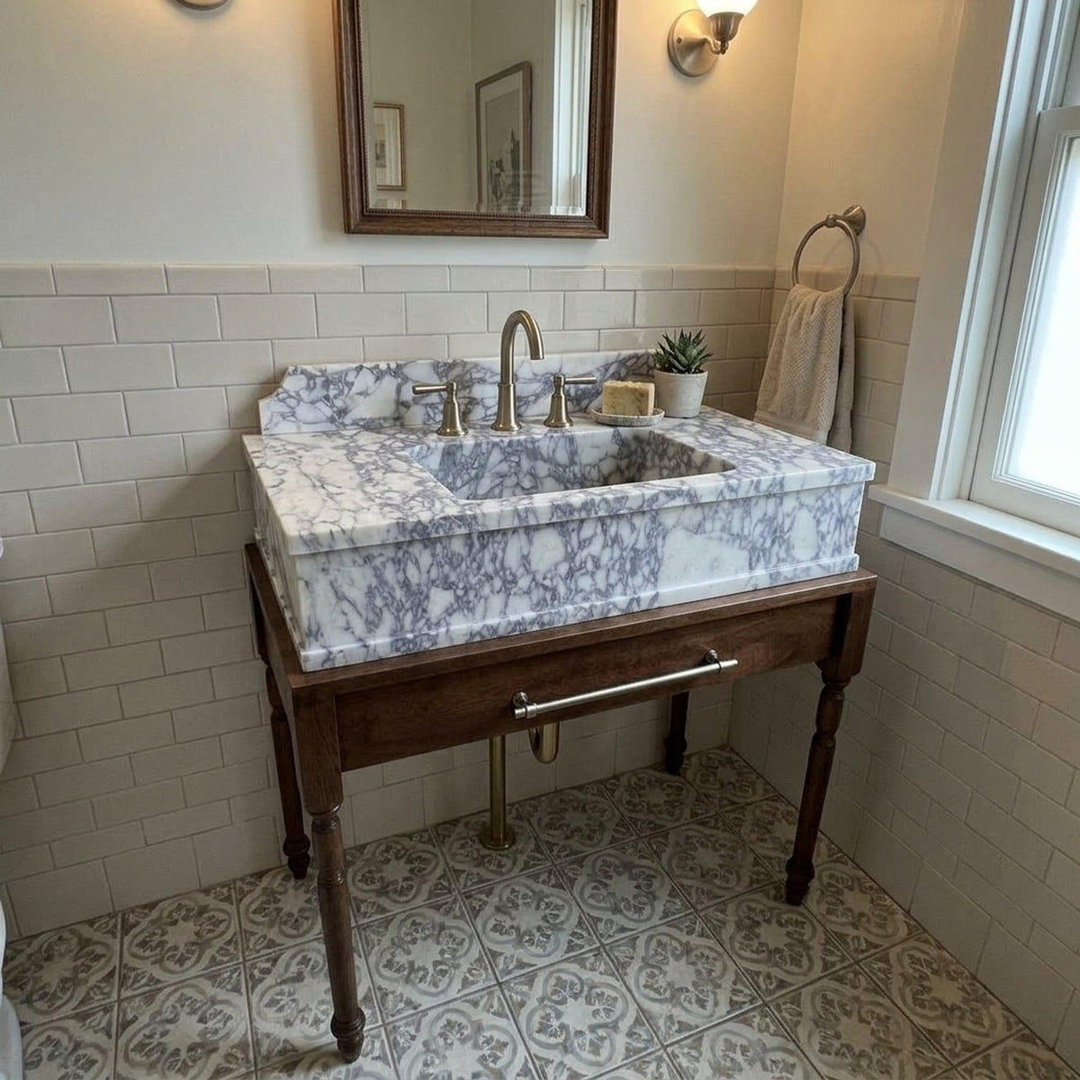 Hand Carved Calacatta Viola Marble Vanity Basin with Backsplash and Wood Vanity, Crafted in Limited Batches — view 16