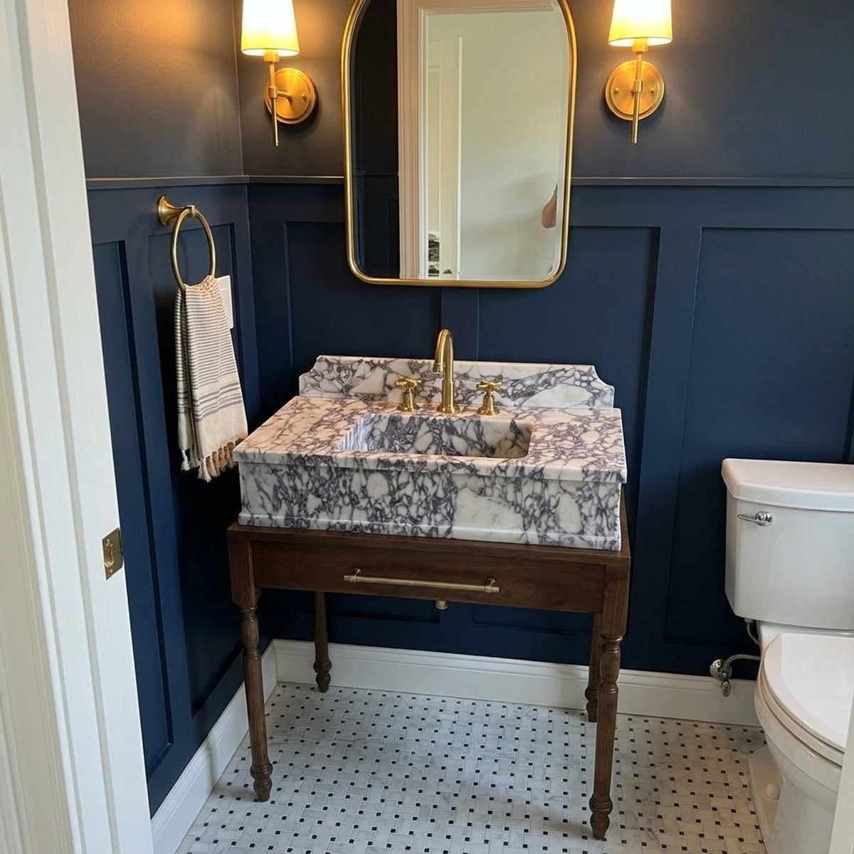 Hand Carved Calacatta Viola Marble Vanity Basin with Backsplash and Wood Vanity, Crafted in Limited Batches — view 17