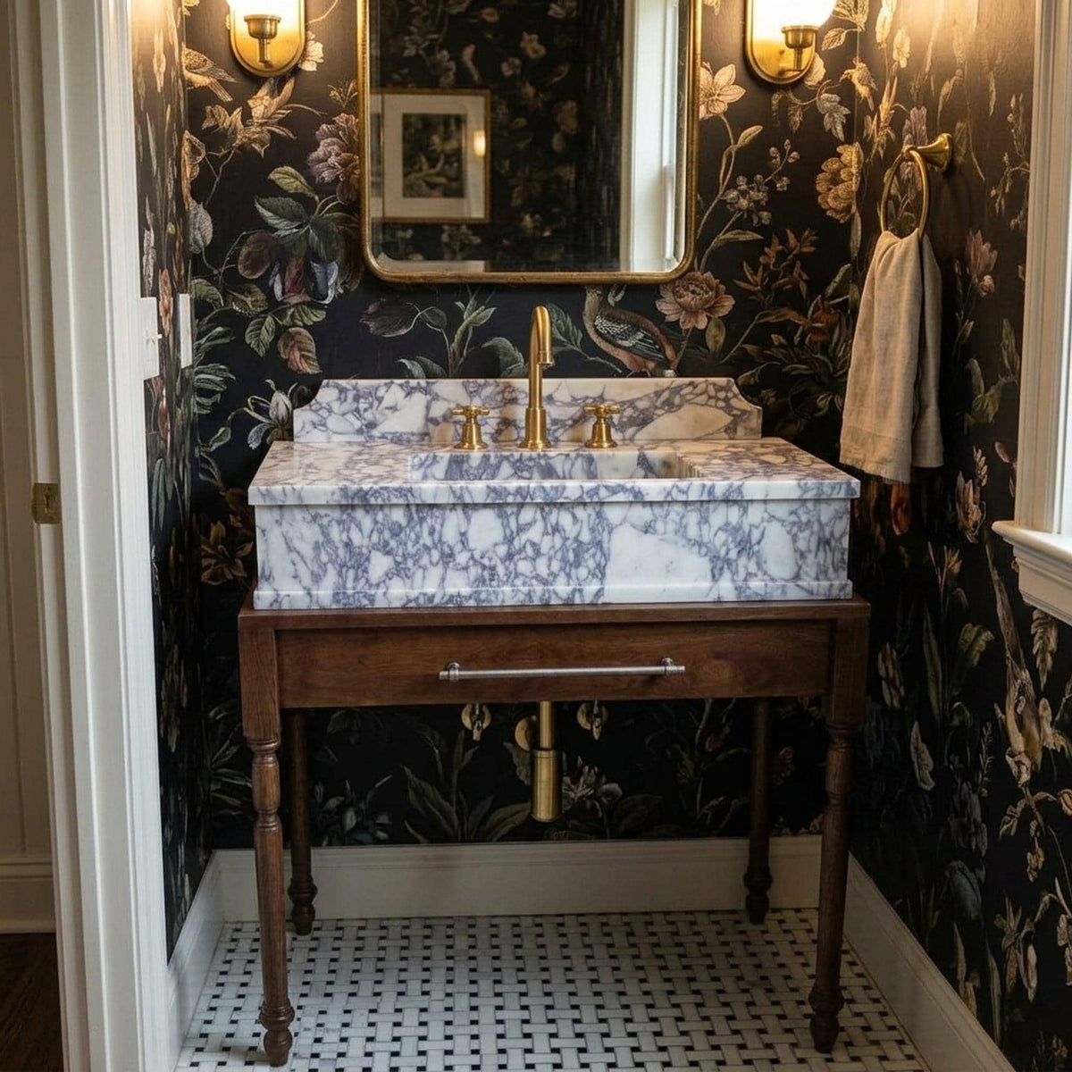 Hand Carved Calacatta Viola Marble Vanity Basin with Backsplash and Wood Vanity, Crafted in Limited Batches — view 2
