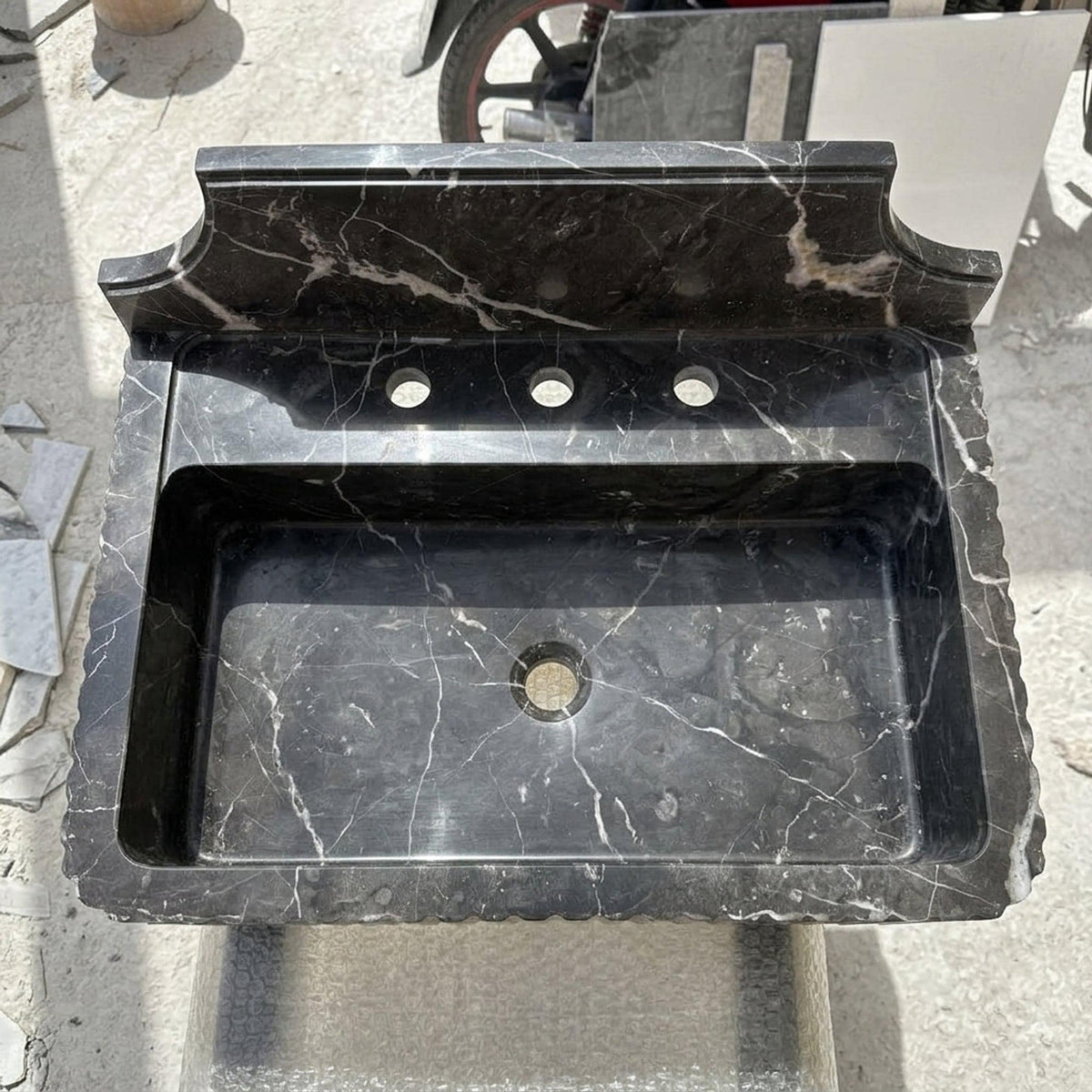 Pietre Notte Fluted Floating Marble Basin with Backsplash and Hand Carved Detail, Short Run Atelier Craft — view 4