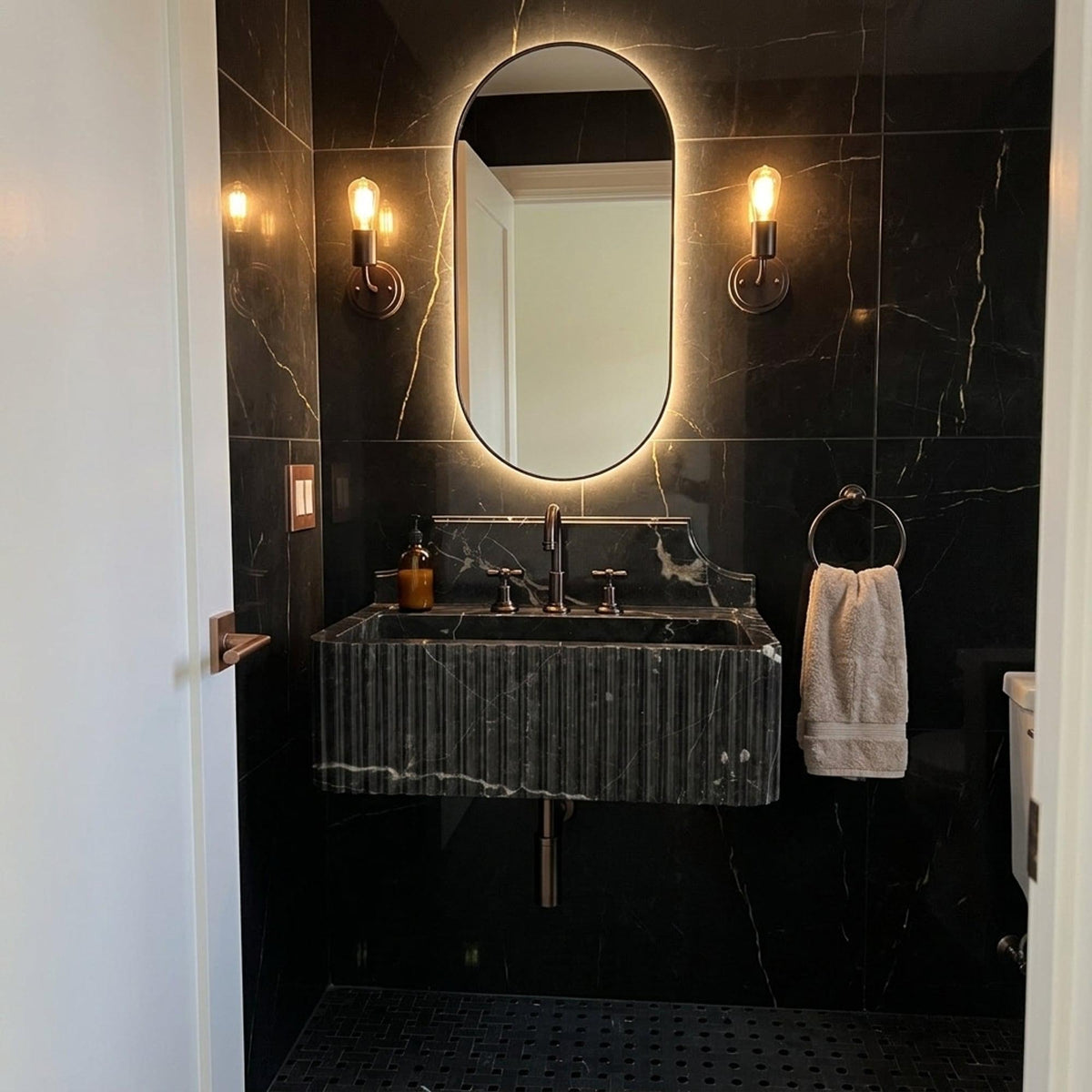 Pietre Notte Fluted Floating Marble Basin with Backsplash and Hand Carved Detail, Short Run Atelier Craft — view 16