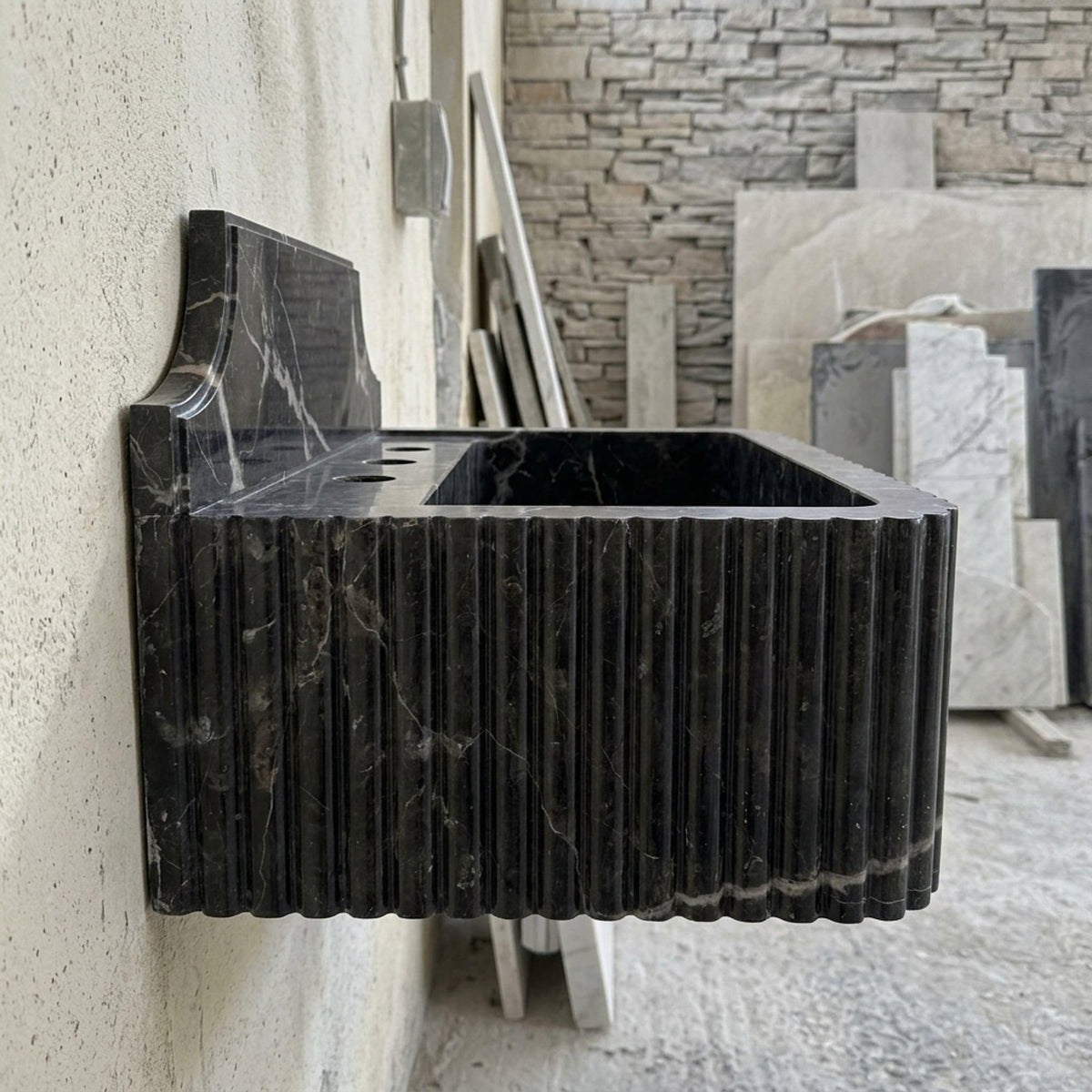 Pietre Notte Fluted Floating Marble Basin with Backsplash and Hand Carved Detail, Short Run Atelier Craft — view 5