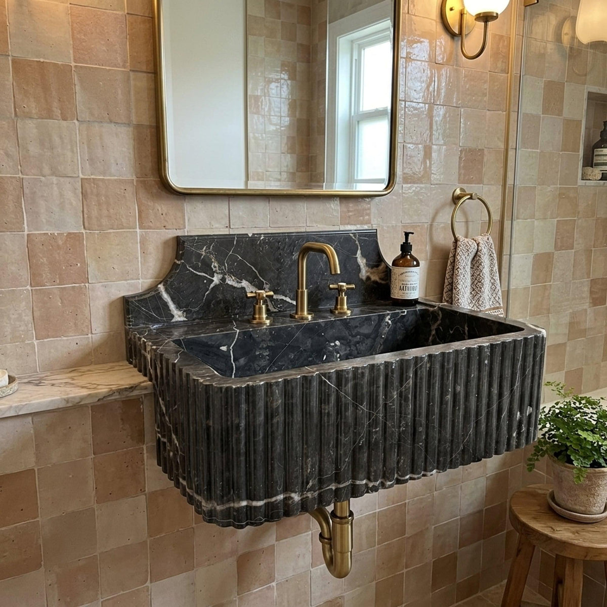Pietre Notte Fluted Floating Marble Basin with Backsplash and Hand Carved Detail, Short Run Atelier Craft — view 14
