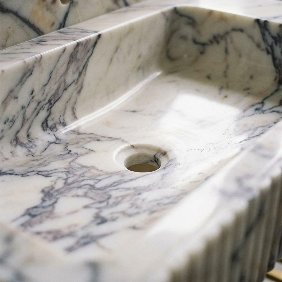 Fluted Calacatta Viola Marble Pedestal Basin with Backsplash and Optional Metal Stand, Limited Small Batch Craft — view 14