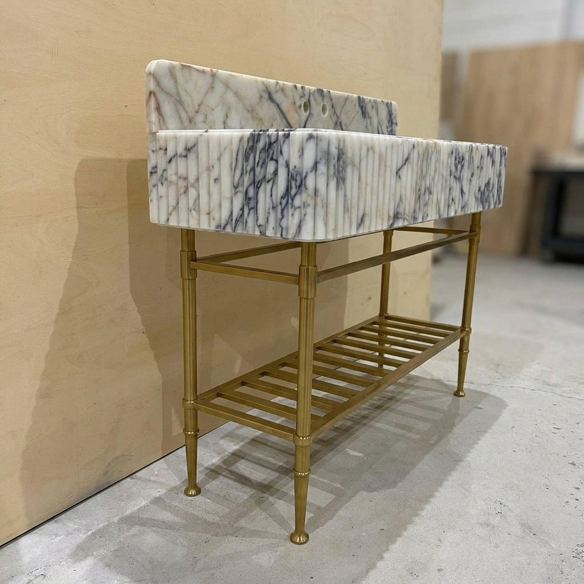 Fluted Calacatta Viola Marble Pedestal Basin with Backsplash and Optional Metal Stand, Limited Small Batch Craft — view 3