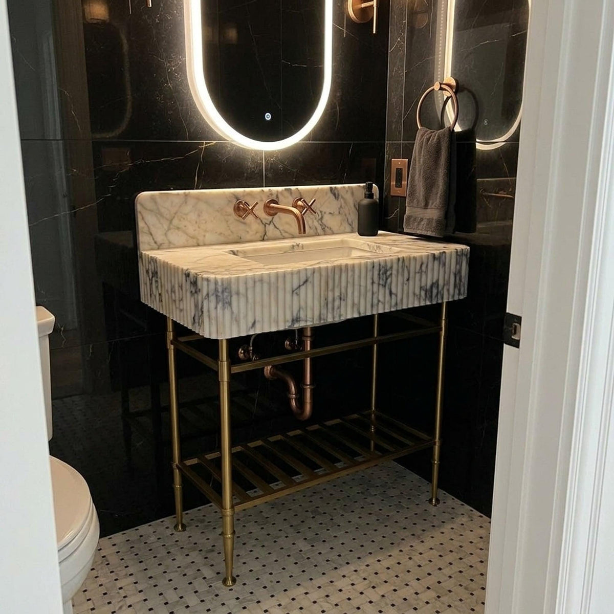 Fluted Calacatta Viola Marble Pedestal Basin with Backsplash and Optional Metal Stand, Limited Small Batch Craft — view 16