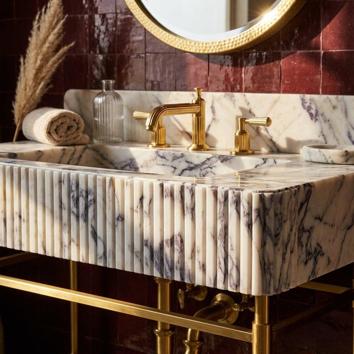 Fluted Calacatta Viola Marble Pedestal Basin with Backsplash and Optional Metal Stand, Limited Small Batch Craft — view 1