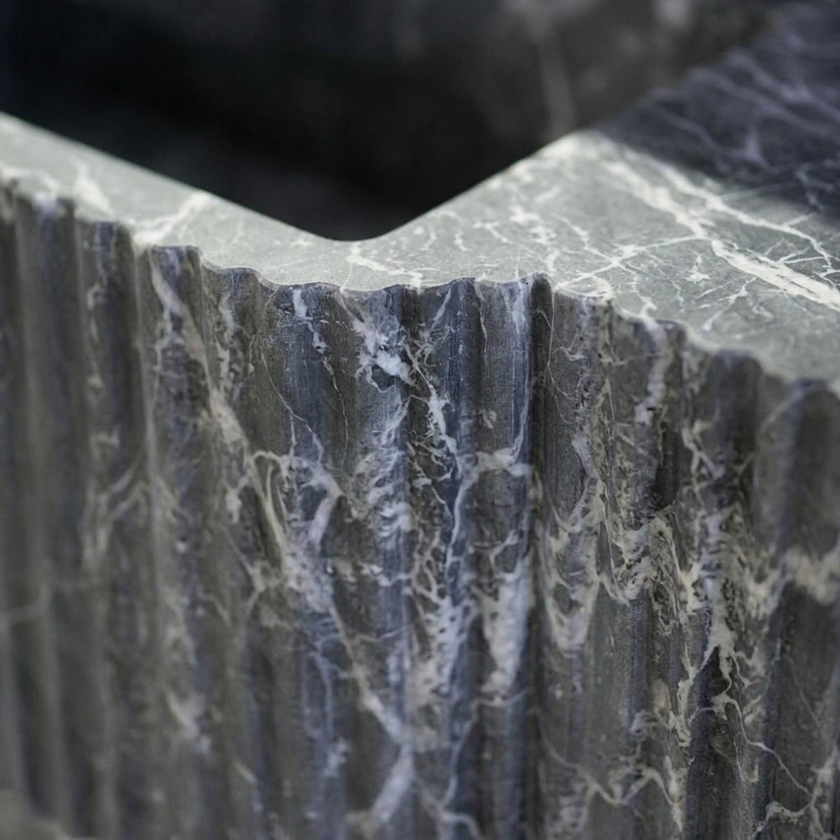 Custom Pietre Notte Floating Marble Basin with Backsplash and Hand Carved Detail, Short Run Atelier Craft — view 4