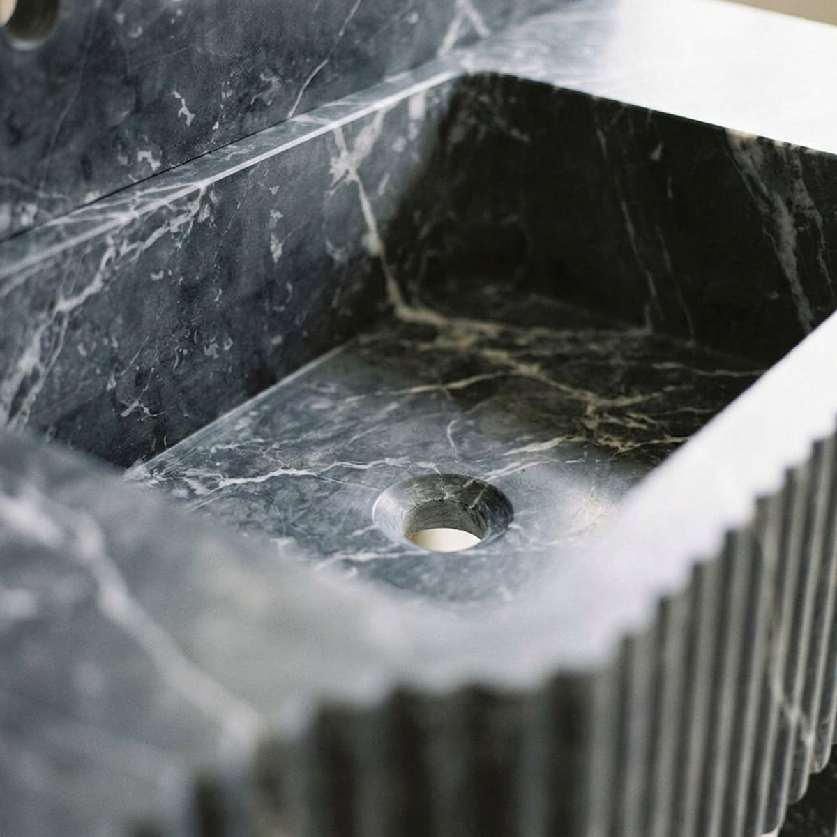 Custom Pietre Notte Floating Marble Basin with Backsplash and Hand Carved Detail, Short Run Atelier Craft — view 17