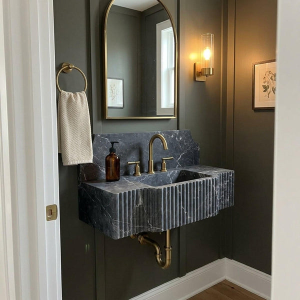 Custom Pietre Notte Floating Marble Basin with Backsplash and Hand Carved Detail, Short Run Atelier Craft hover