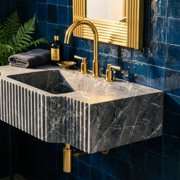 Custom Pietre Notte Floating Marble Basin with Backsplash and Hand Carved Detail, Short Run Atelier Craft