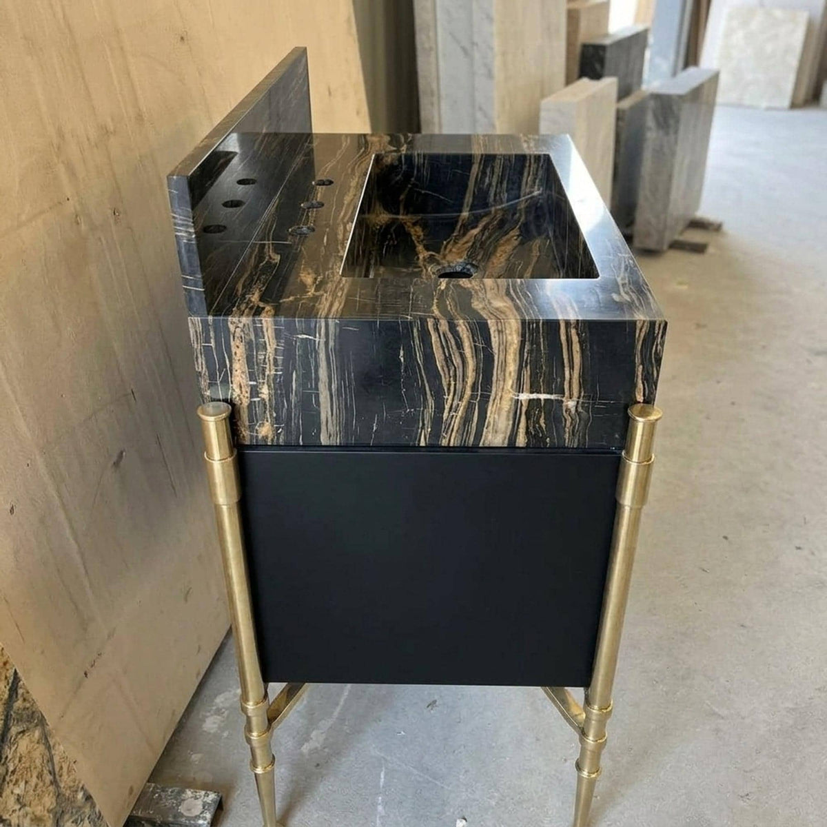 Custom Picasso Marble Vanity Basin with Backsplash and Wood Vanity, Made in Small Batches — view 5