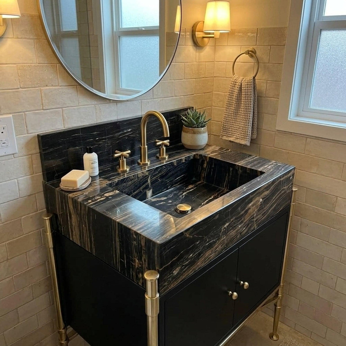 Custom Picasso Marble Vanity Basin with Backsplash and Wood Vanity, Made in Small Batches — view 14
