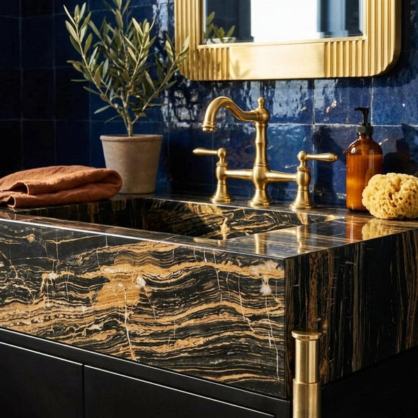 Custom Picasso Marble Vanity Basin with Backsplash and Wood Vanity, Made in Small Batches