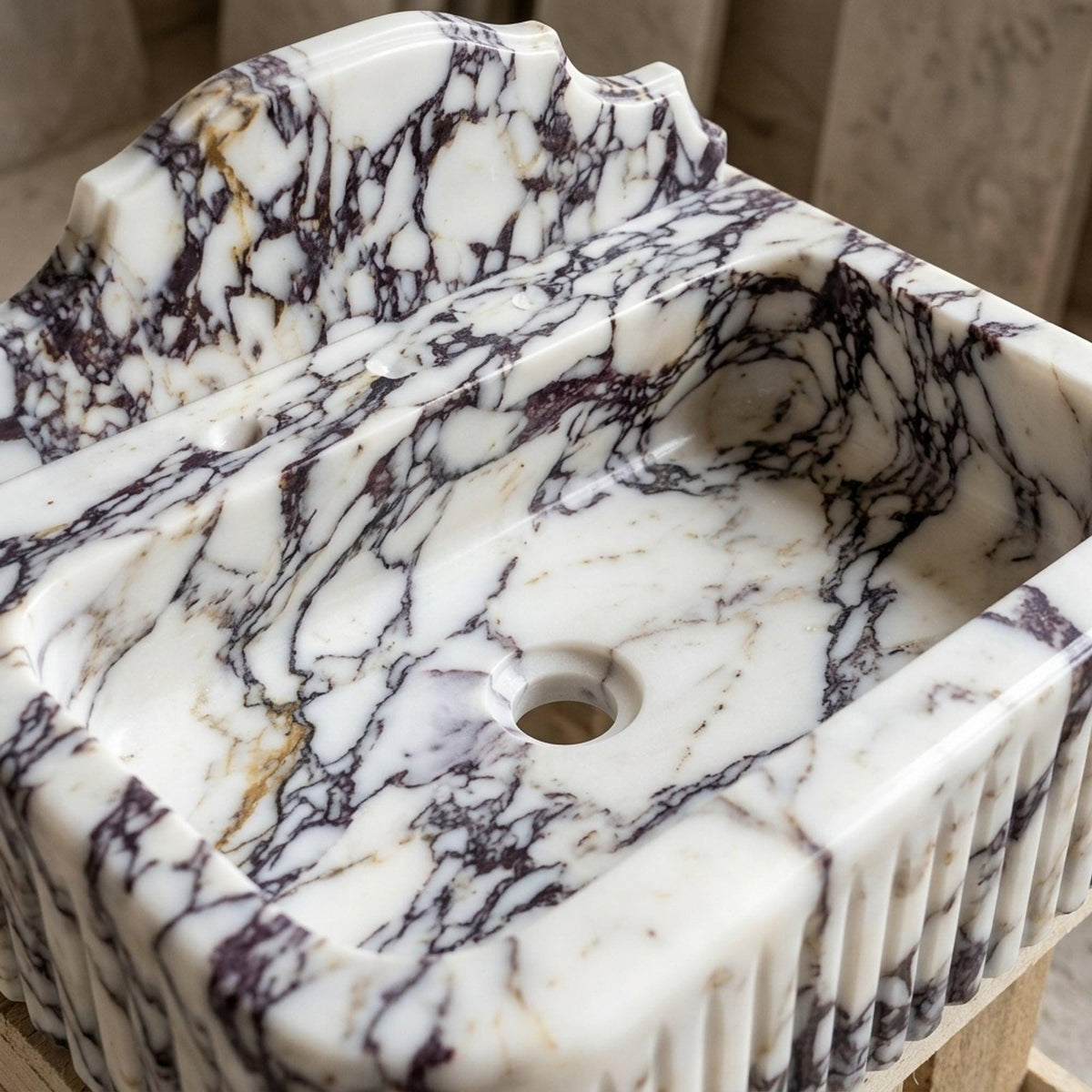 Calacatta Viola Fluted Floating Marble Basin with Backsplash and Hand Carved Detail for Custom Bathroom, Polished — view 13