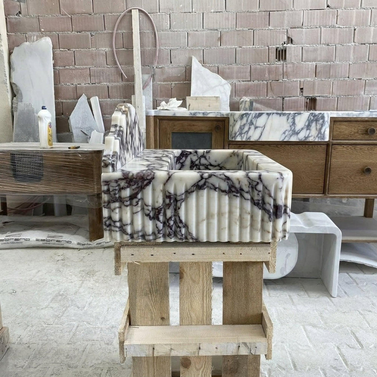 Calacatta Viola Fluted Floating Marble Basin with Backsplash and Hand Carved Detail for Custom Bathroom, Polished — view 5