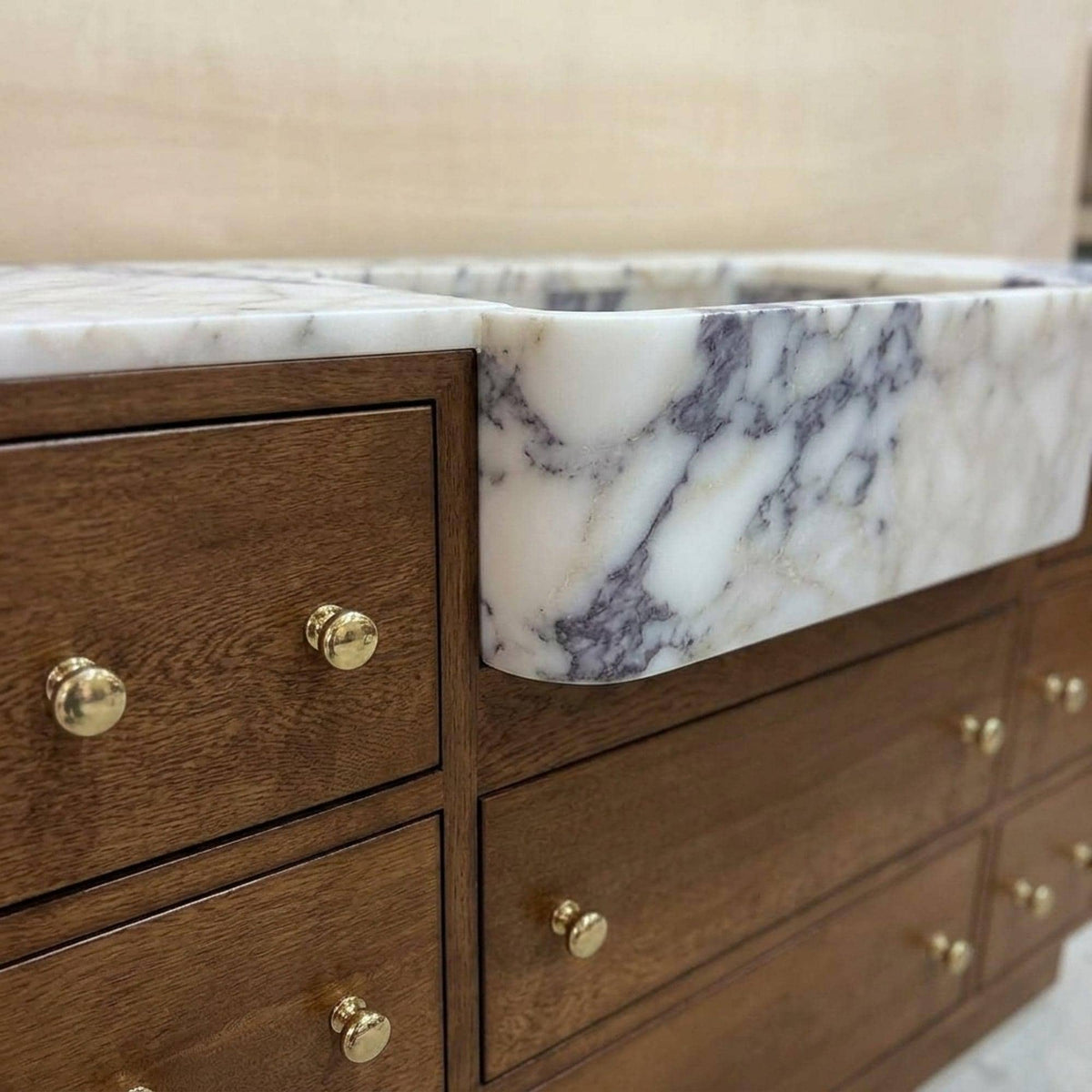 Calacatta Viola Hand Carved Marble Vanity Basin with Wood Vanity for Custom Bathroom, Honed Finish — view 5