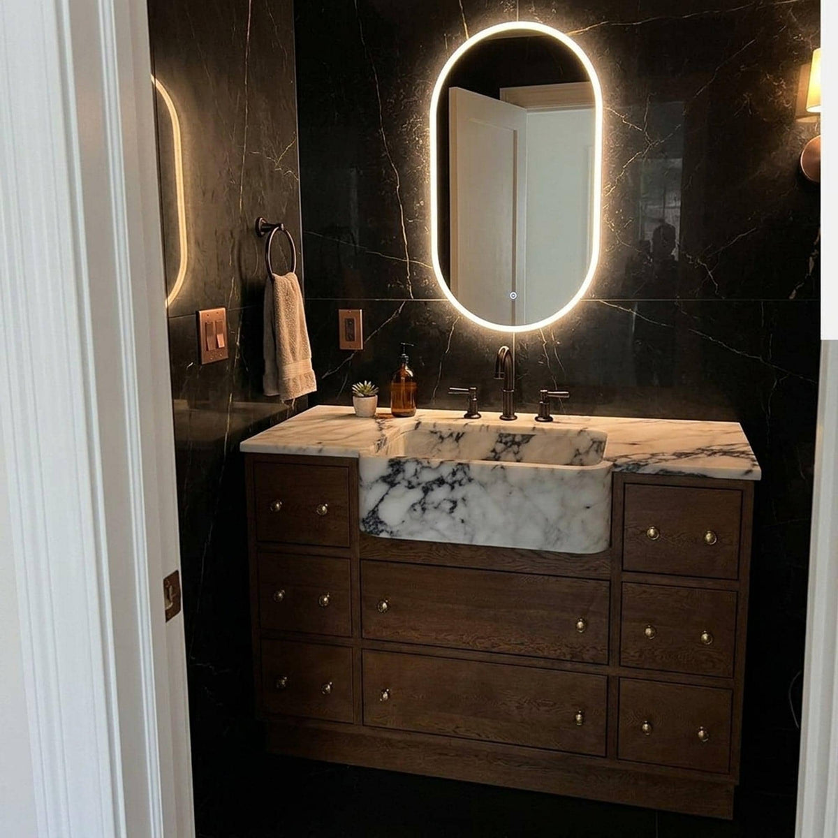 Calacatta Viola Hand Carved Marble Vanity Basin with Wood Vanity for Custom Bathroom, Honed Finish — view 16