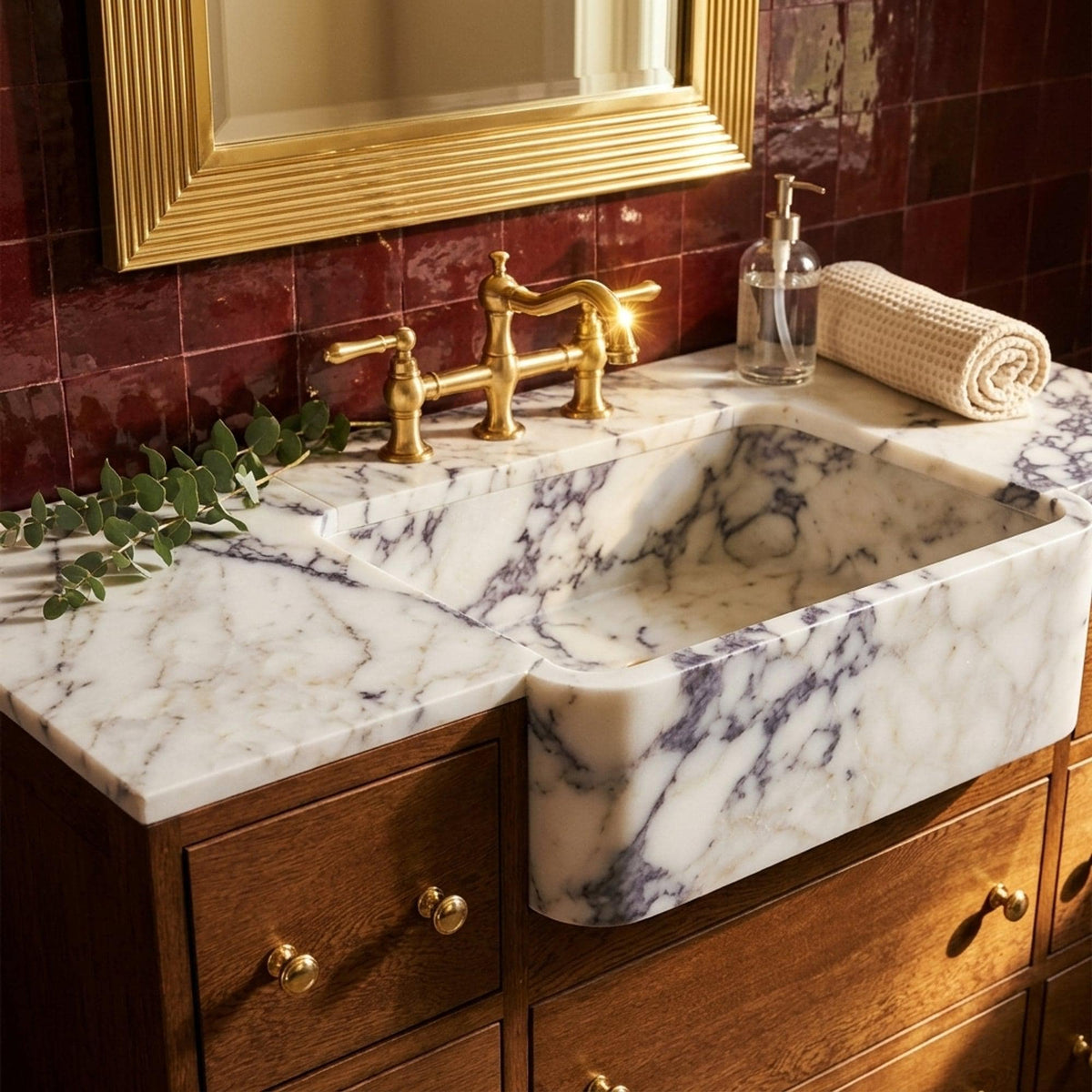 Calacatta Viola Hand Carved Marble Vanity Basin with Wood Vanity for Custom Bathroom, Honed Finish — view 1