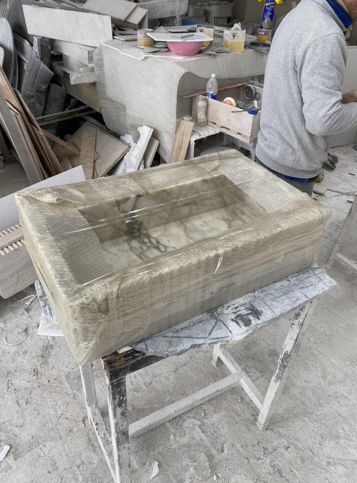 Calacatta Gold Fluted Marble Pedestal Basin with Backsplash and Optional Metal Stand, Limited Small Batch Craft — view 15