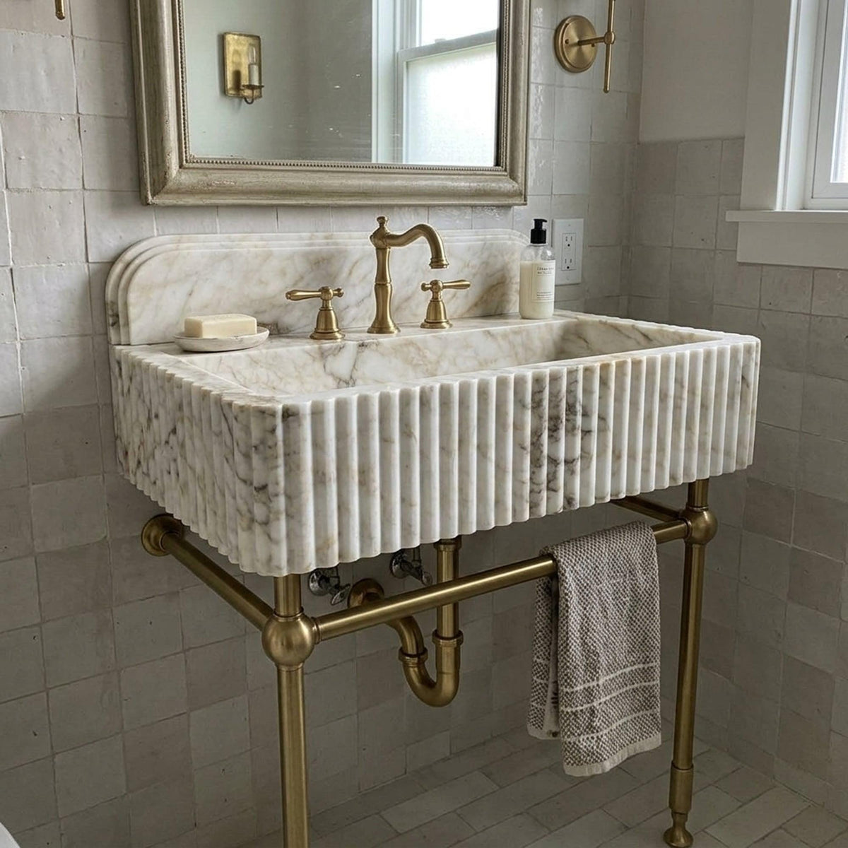 Calacatta Gold Fluted Marble Pedestal Basin with Backsplash and Optional Metal Stand, Limited Small Batch Craft — view 16