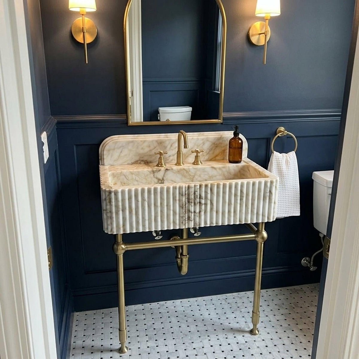 Calacatta Gold Fluted Marble Pedestal Basin with Backsplash and Optional Metal Stand, Limited Small Batch Craft — view 18
