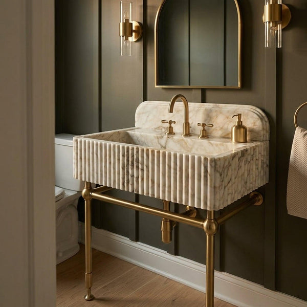 Calacatta Gold Fluted Marble Pedestal Basin with Backsplash and Optional Metal Stand, Limited Small Batch Craft hover