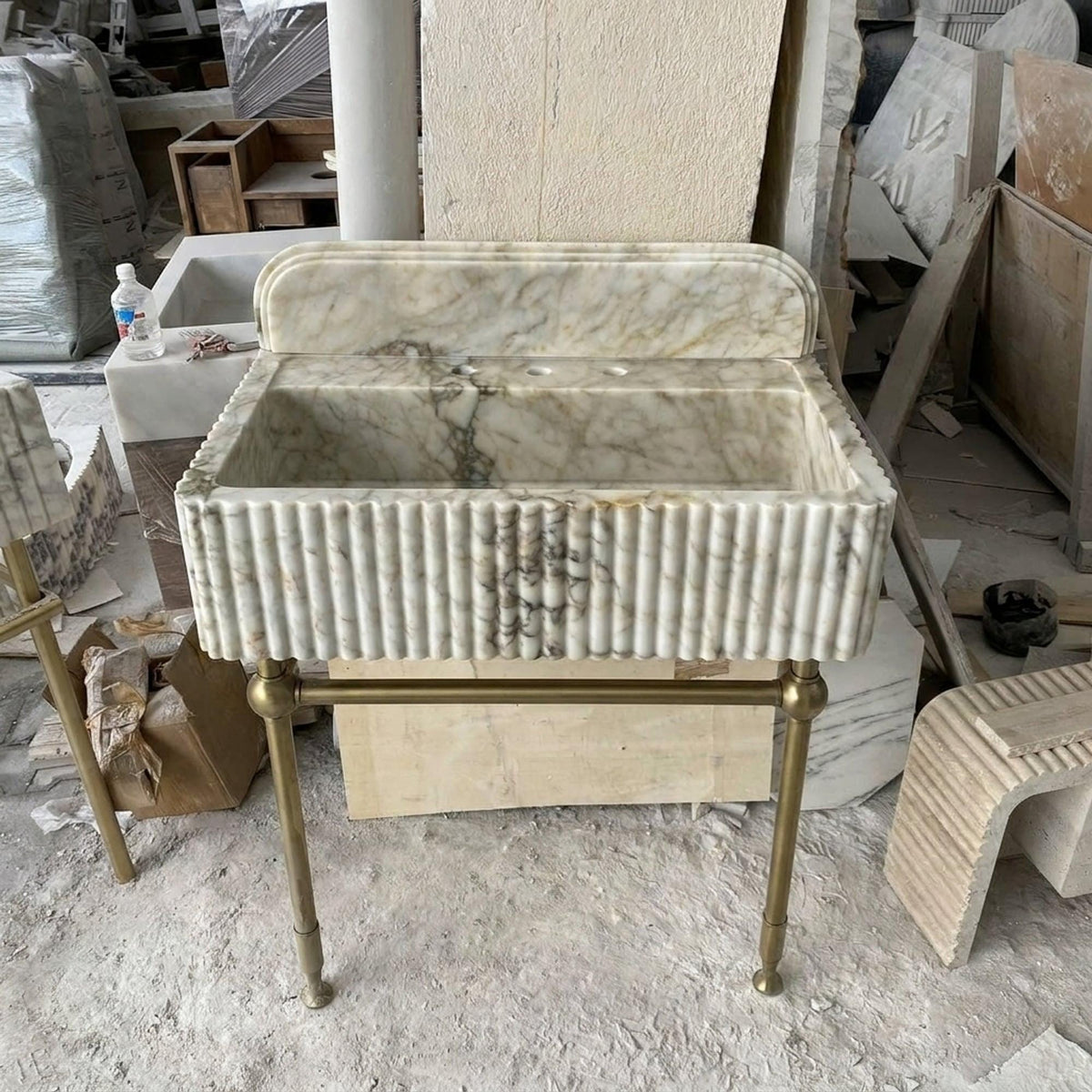 Calacatta Gold Fluted Marble Pedestal Basin with Backsplash and Optional Metal Stand, Limited Small Batch Craft — view 4