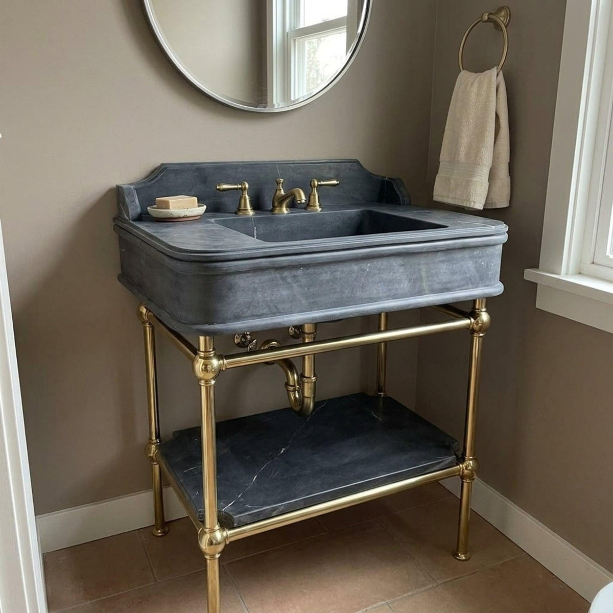 Hand Carved Pietre Notte Marble Pedestal Basin with Backsplash and Optional Metal Stand, Made in Small Batches — view 19