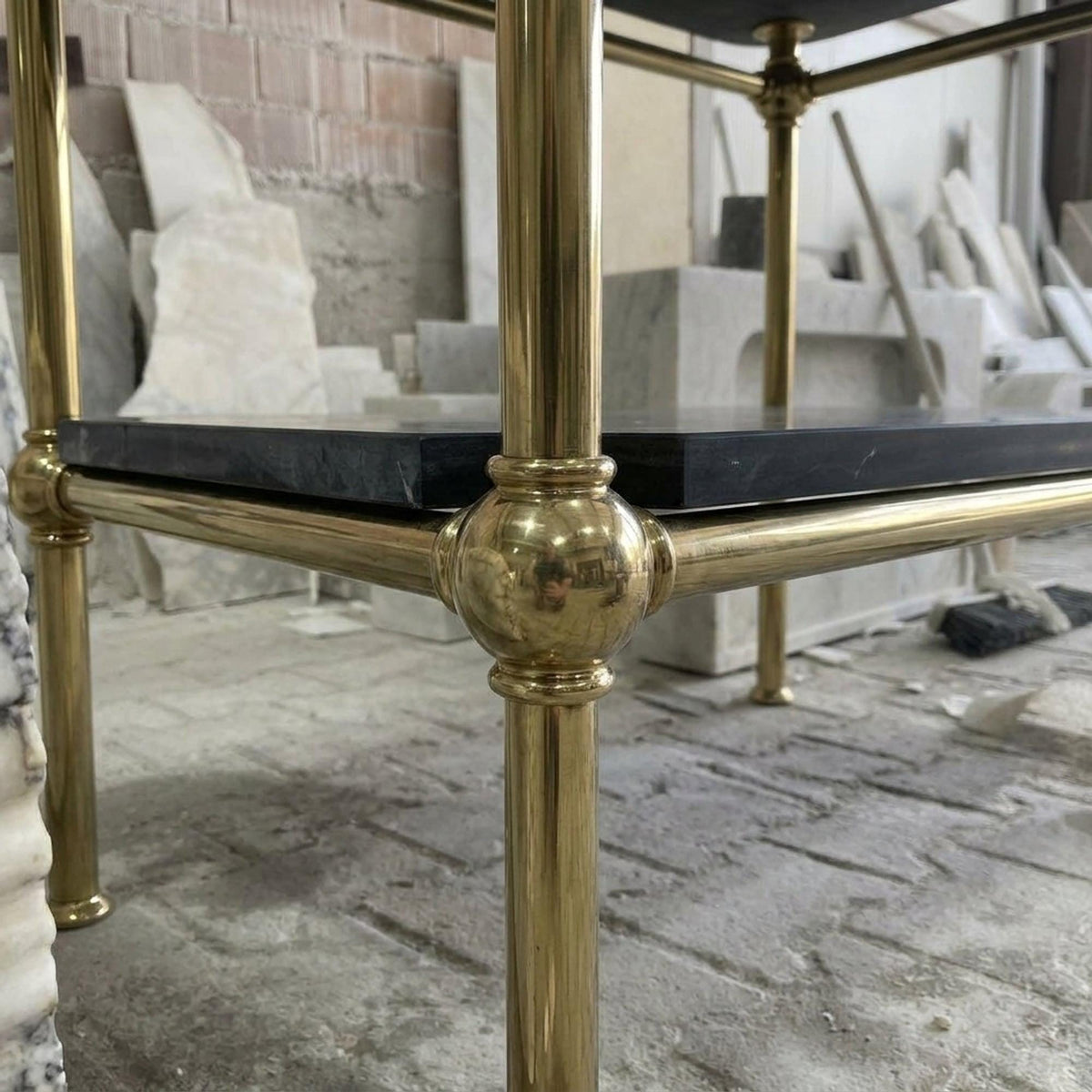 Hand Carved Pietre Notte Marble Pedestal Basin with Backsplash and Optional Metal Stand, Made in Small Batches — view 7