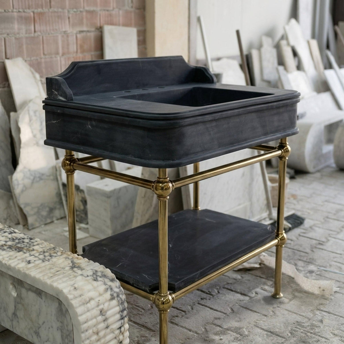 Hand Carved Pietre Notte Marble Pedestal Basin with Backsplash and Optional Metal Stand, Made in Small Batches — view 3