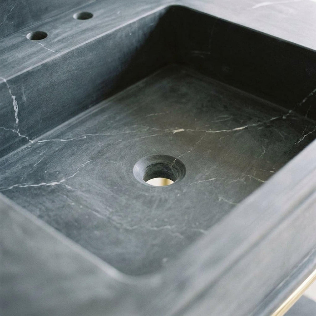 Hand Carved Pietre Notte Marble Pedestal Basin with Backsplash and Optional Metal Stand, Made in Small Batches — view 20