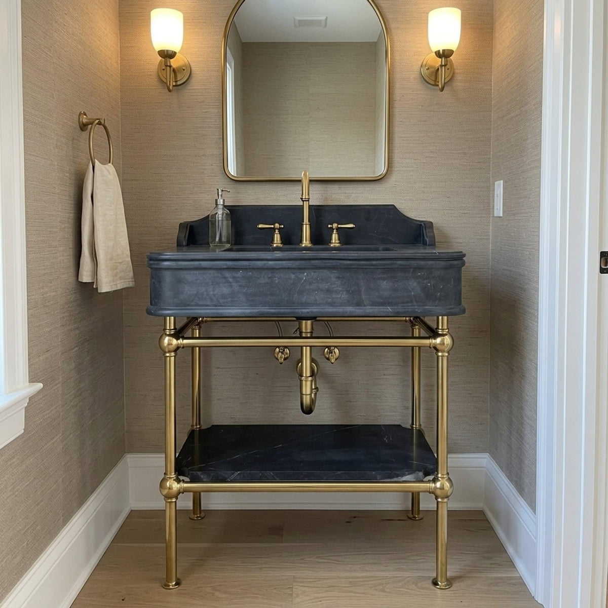 Hand Carved Pietre Notte Marble Pedestal Basin with Backsplash and Optional Metal Stand, Made in Small Batches — view 18