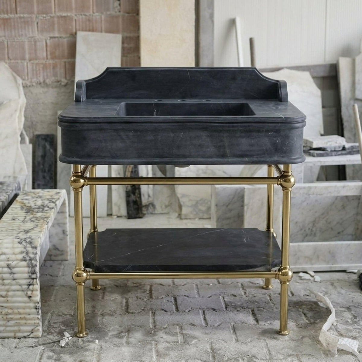 Hand Carved Pietre Notte Marble Pedestal Basin with Backsplash and Optional Metal Stand, Made in Small Batches — view 5