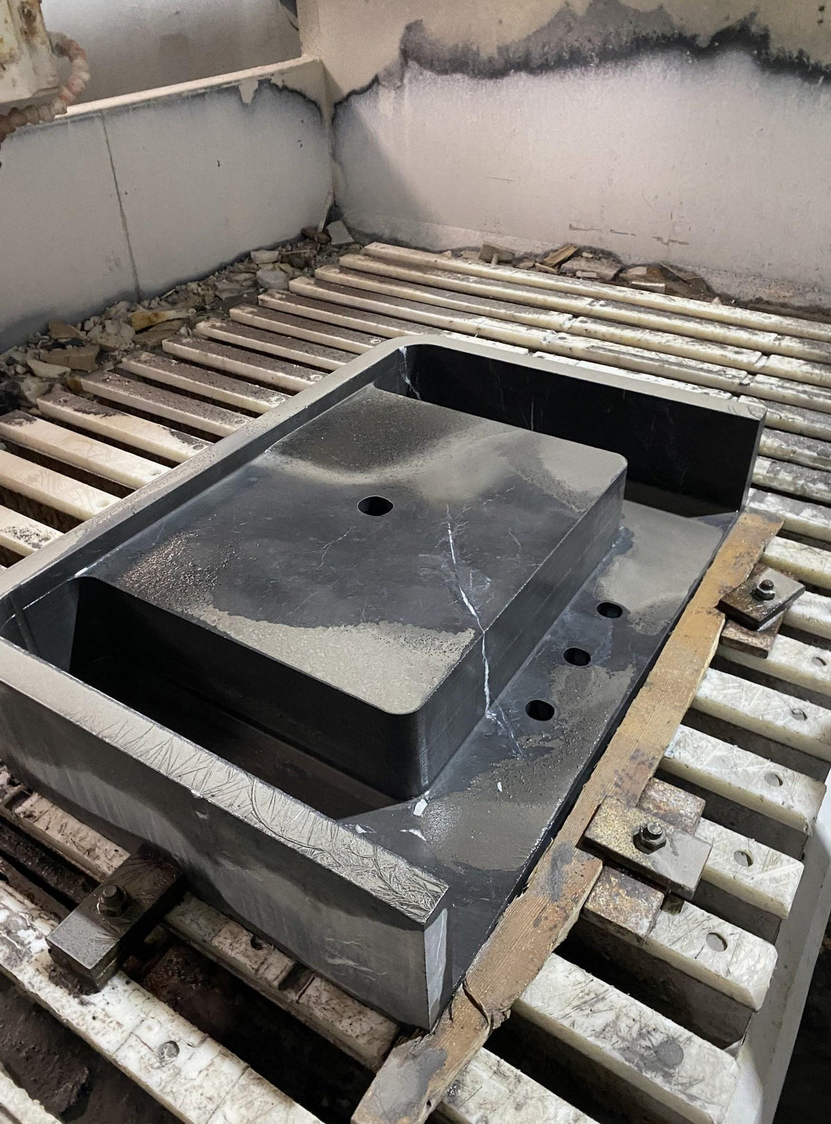 Hand Carved Pietre Notte Marble Pedestal Basin with Backsplash and Optional Metal Stand, Made in Small Batches — view 16