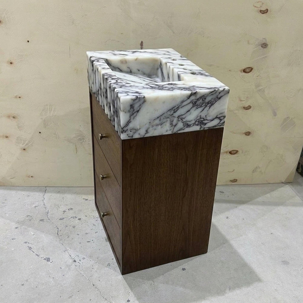 Marble Pedestal Sink | Calacatta Viola Fluted Marble Vanity Basin with Wood Vanity and Hand Carved Detail, Small Batch Artisan Production — view 5