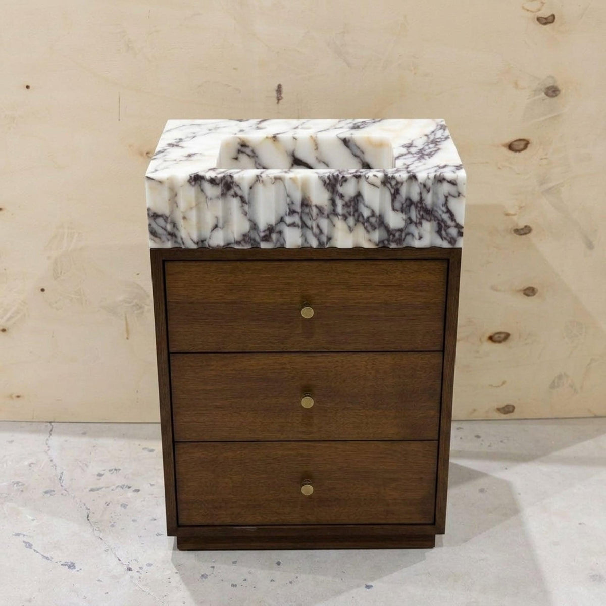 Marble Pedestal Sink | Calacatta Viola Fluted Marble Vanity Basin with Wood Vanity and Hand Carved Detail, Small Batch Artisan Production — view 3