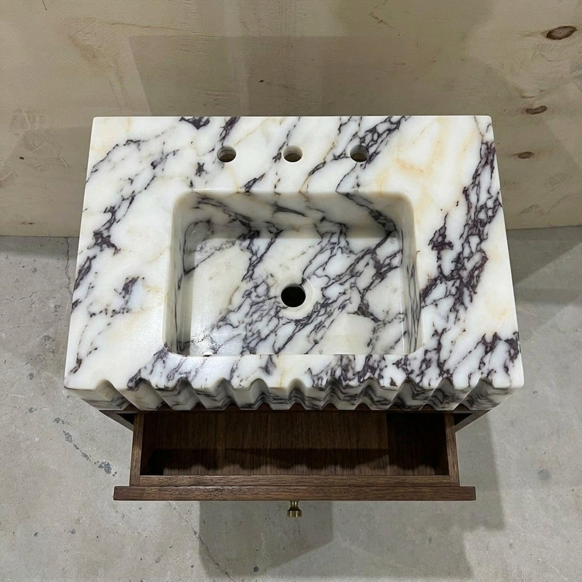 Marble Pedestal Sink | Calacatta Viola Fluted Marble Vanity Basin with Wood Vanity and Hand Carved Detail, Small Batch Artisan Production — view 4
