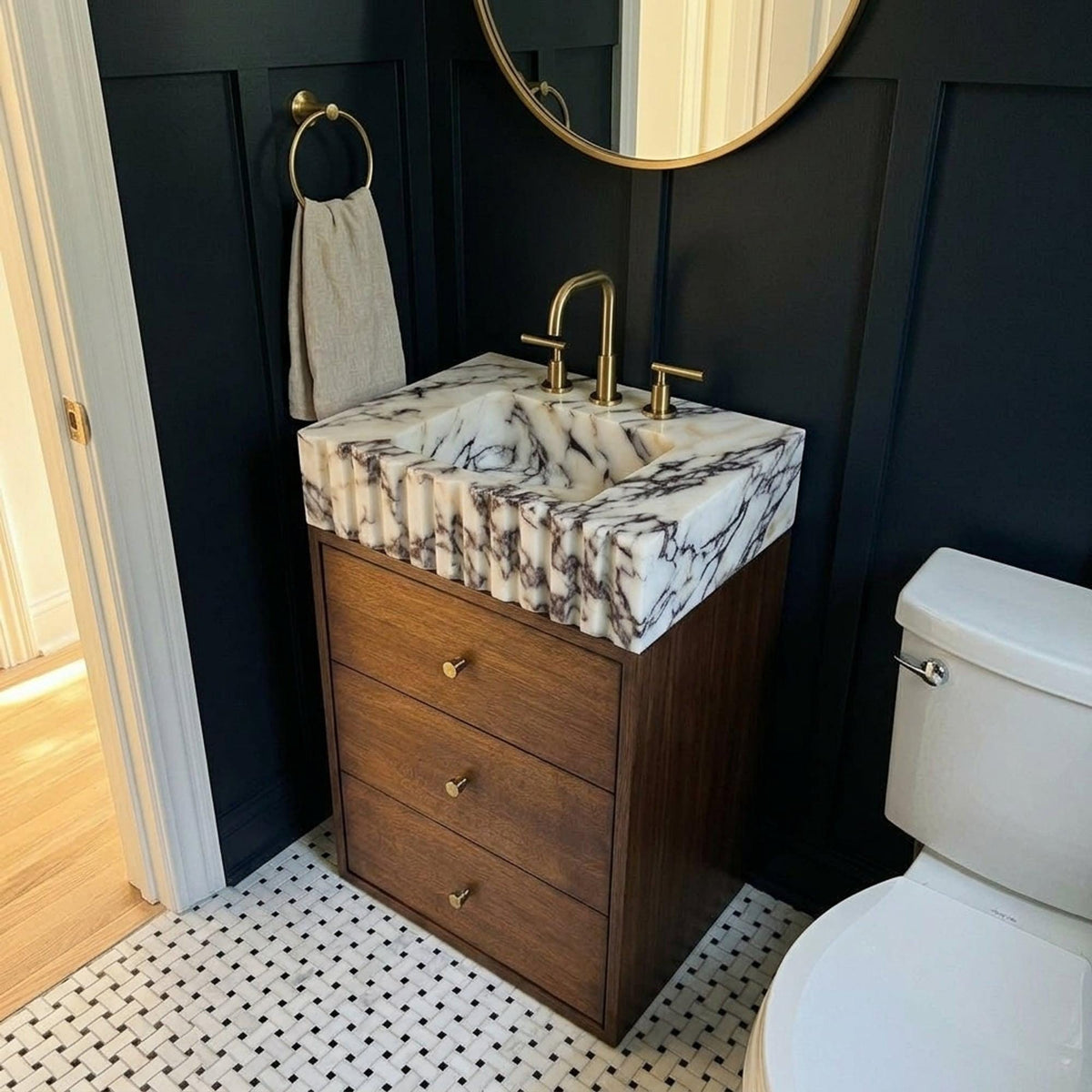 Marble Pedestal Sink | Calacatta Viola Fluted Marble Vanity Basin with Wood Vanity and Hand Carved Detail, Small Batch Artisan Production — view 18