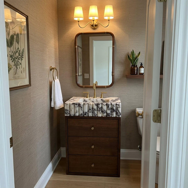 Marble Pedestal Sink | Calacatta Viola Fluted Marble Vanity Basin with Wood Vanity and Hand Carved Detail, Small Batch Artisan Production hover