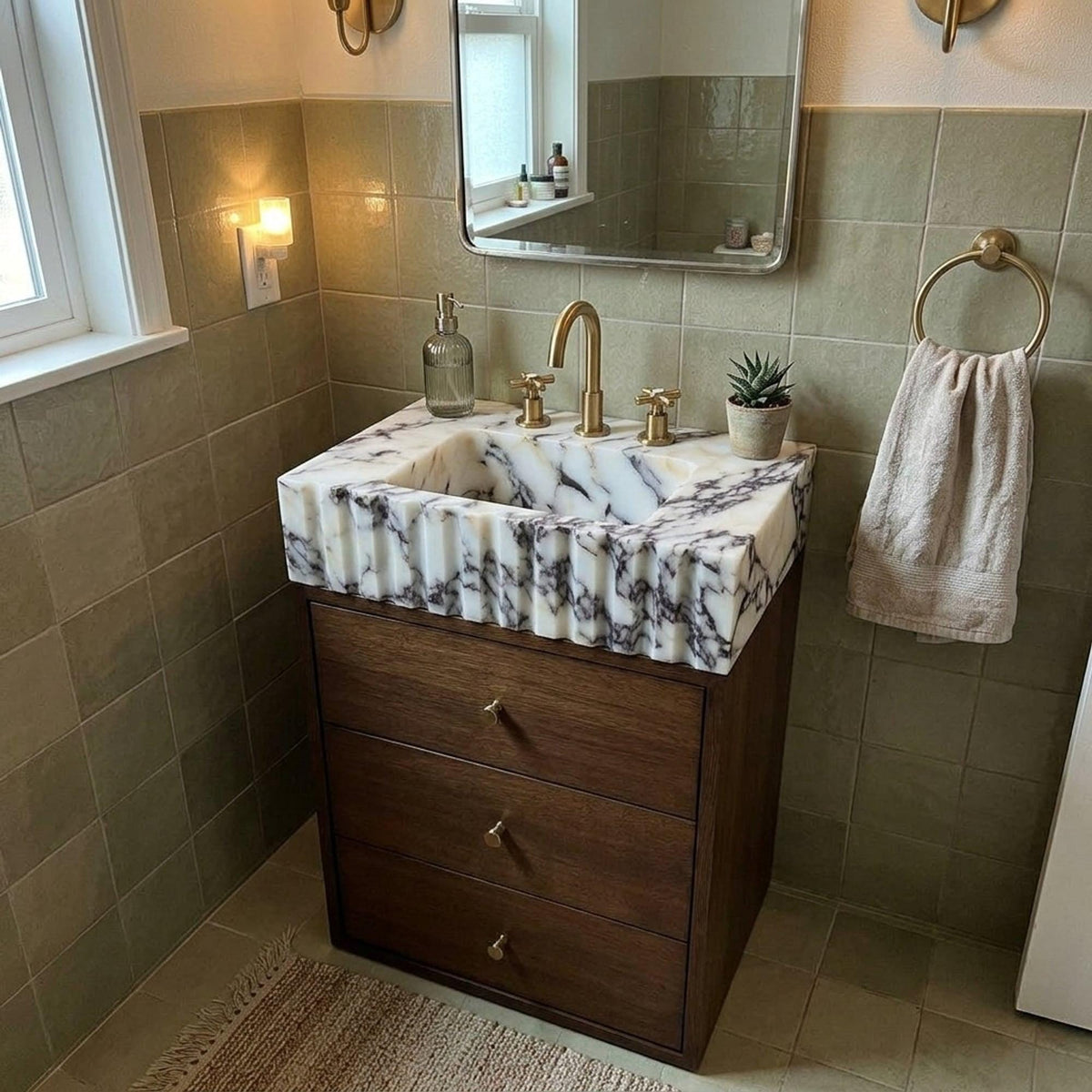 Marble Pedestal Sink | Calacatta Viola Fluted Marble Vanity Basin with Wood Vanity and Hand Carved Detail, Small Batch Artisan Production — view 20