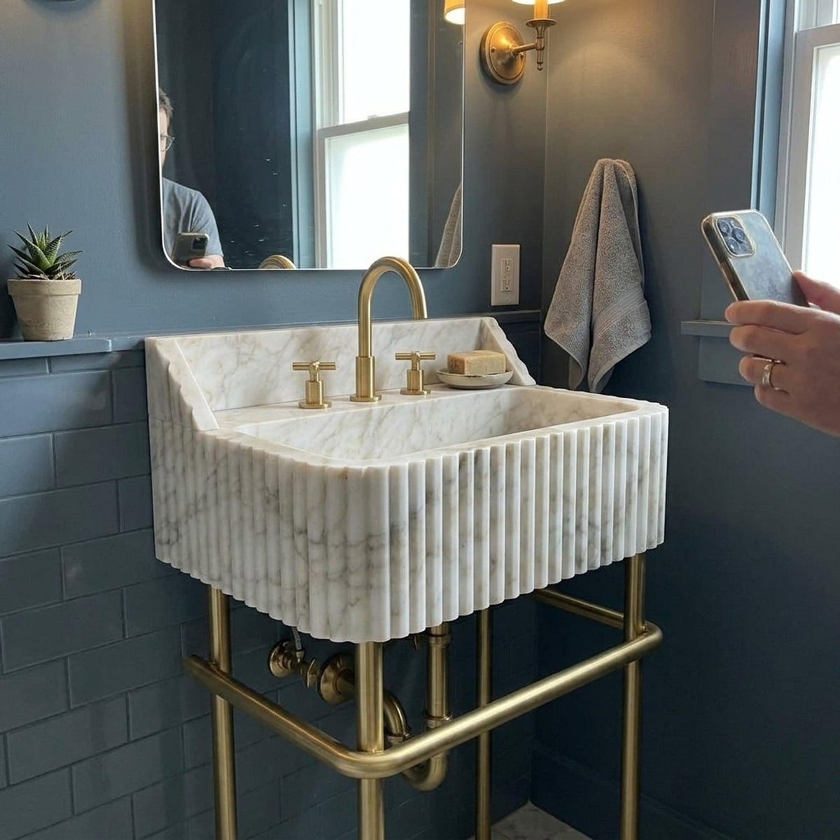 Custom Calacatta Gold Marble Pedestal Basin with Backsplash and Optional Metal Stand, Small Batch Artisan Production — view 13
