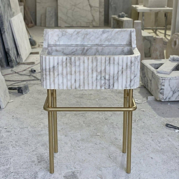 Custom Calacatta Gold Marble Pedestal Basin with Backsplash and Optional Metal Stand, Small Batch Artisan Production hover