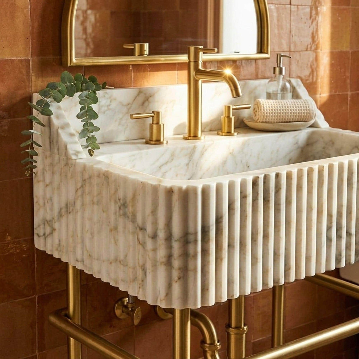 Custom Calacatta Gold Marble Pedestal Basin with Backsplash and Optional Metal Stand, Small Batch Artisan Production — view 1